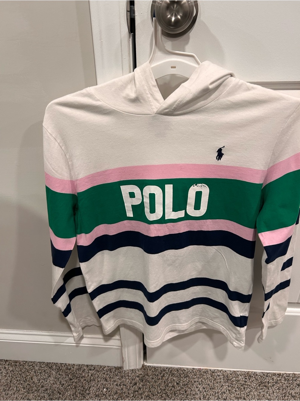 Polo by Ralph Lauren White Hoodie with Green, Pink & Navy Stripes